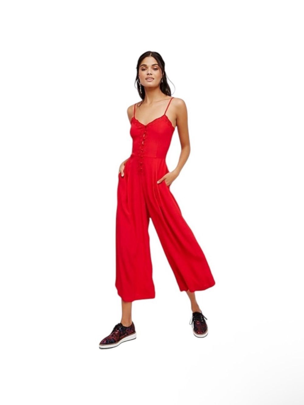 Free People Eileen Red Pleated Wide Leg Button Lace Jumpsuit